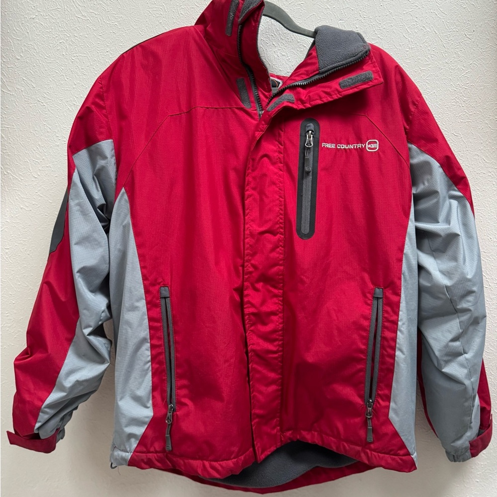 Free Country Red and Gray FCXtreme waterproof and wind resistant jacket.